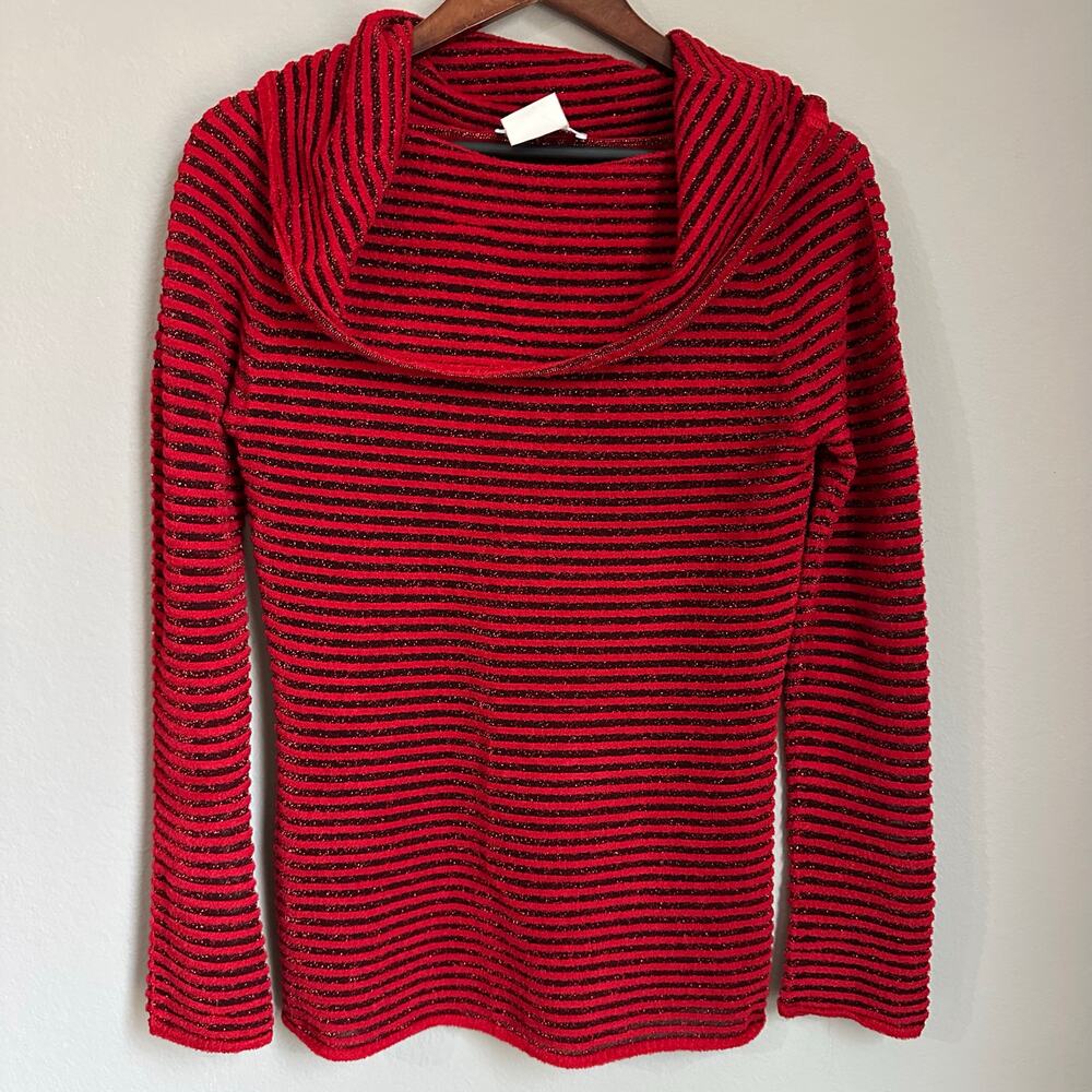 Vintage 80s ESCADA Striped Red Ribbed Sweater Cowl Neck Semi-Sheer Nostalgia
